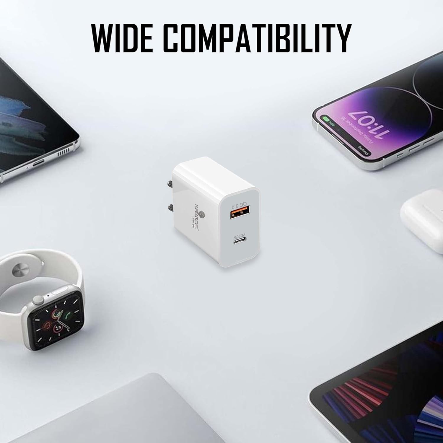 Kratos Power PQ1 45 W Charger Adapter, Dual Port (USB + Type C), Supports PD Charging via Type C Port, Compatible with Smartphones, Tablets & Smartwatch, Fast Charger Type c,White - Image 6