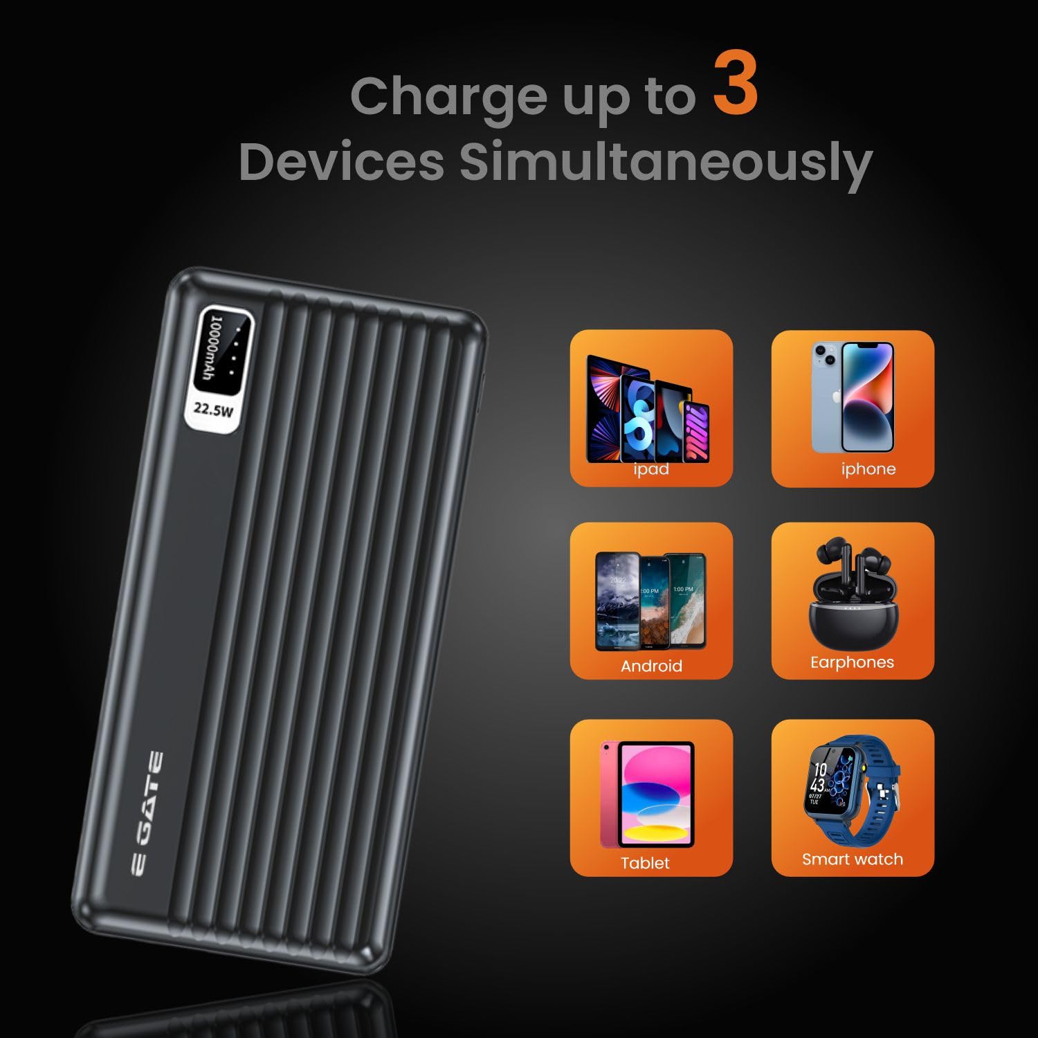 E GATE 102B Powerbank | 10000mAh | 22.5W Fast Charging | QC + PD | Dual Input Port : Type C & Micro USB | Triple Output Port : 2X USB & Type C | LED Indicator| for All iPhone & Android (Black) - Image 3