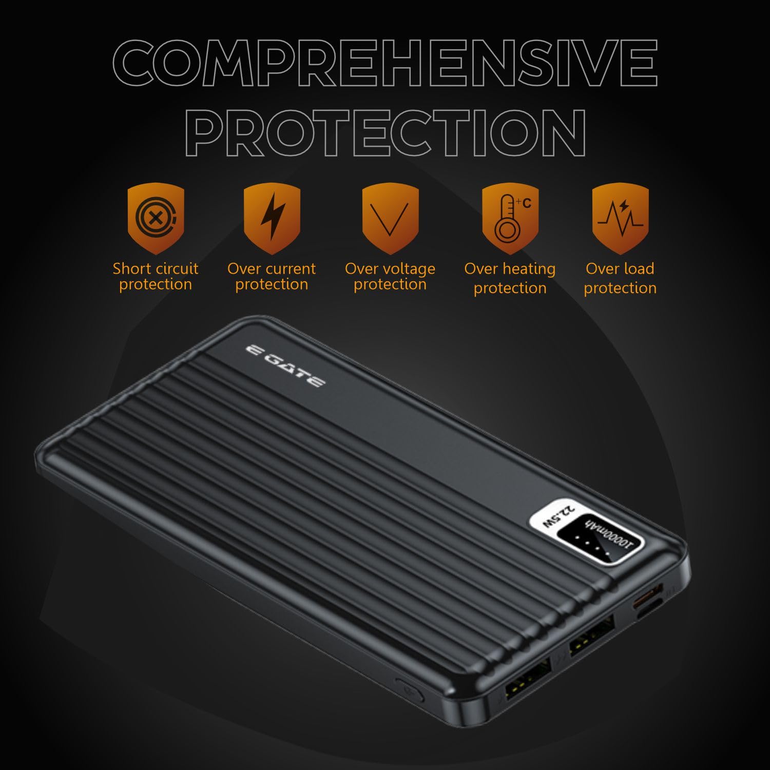 E GATE 102B Powerbank | 10000mAh | 22.5W Fast Charging | QC + PD | Dual Input Port : Type C & Micro USB | Triple Output Port : 2X USB & Type C | LED Indicator| for All iPhone & Android (Black) - Image 8