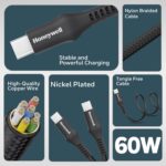 Honeywell USB Type C to Type C Cable, 4 Feet (1.2M), PD 60W, QC 3.0, Fast Charging, Nylon Braided Cable for Apple Devices, Smartphones, Laptops, Power Banks, Tablets, Headphones, Speakers – Black - Image 3