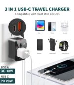 Wayona 38W Universal Travel Adapter with Type C & USB A International Travel Adapter, Portable Plug Socket, USB A QC 3.0 18W,Type C PD 20W, 3A Max Fast Charging Worldwide Travel Adapter (Black) - Image 4