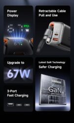 mcdodo 67W USB C Charger With Retractable Type-C Cable, Dual Port (USB A+C) Foldable Wall Charger Gan Fast Charging Fit iPhone 16 15 Pro/Promax/Plus, Galaxy, Ipad, Macbook, Black - Image 3