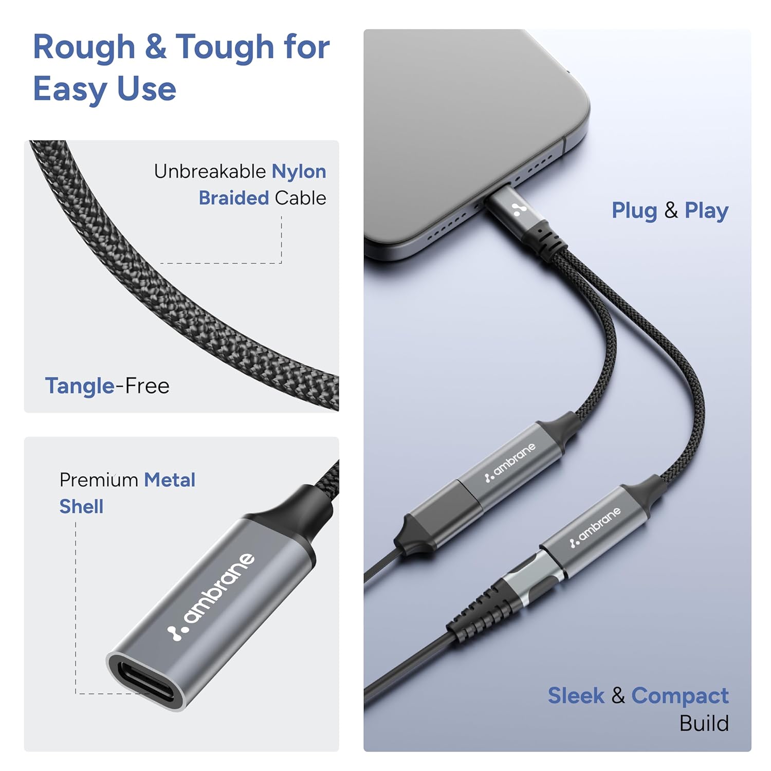 Ambrane 2 in 1 Type C to Type C Audio & Charging Connector, Perfect for Playing Music/Gaming while Charging For All Type C Devices, Android, iPhone 16/15/Plus/Pro/Max, Macbook, Laptop (AOTG-CC1,Black) - Image 3