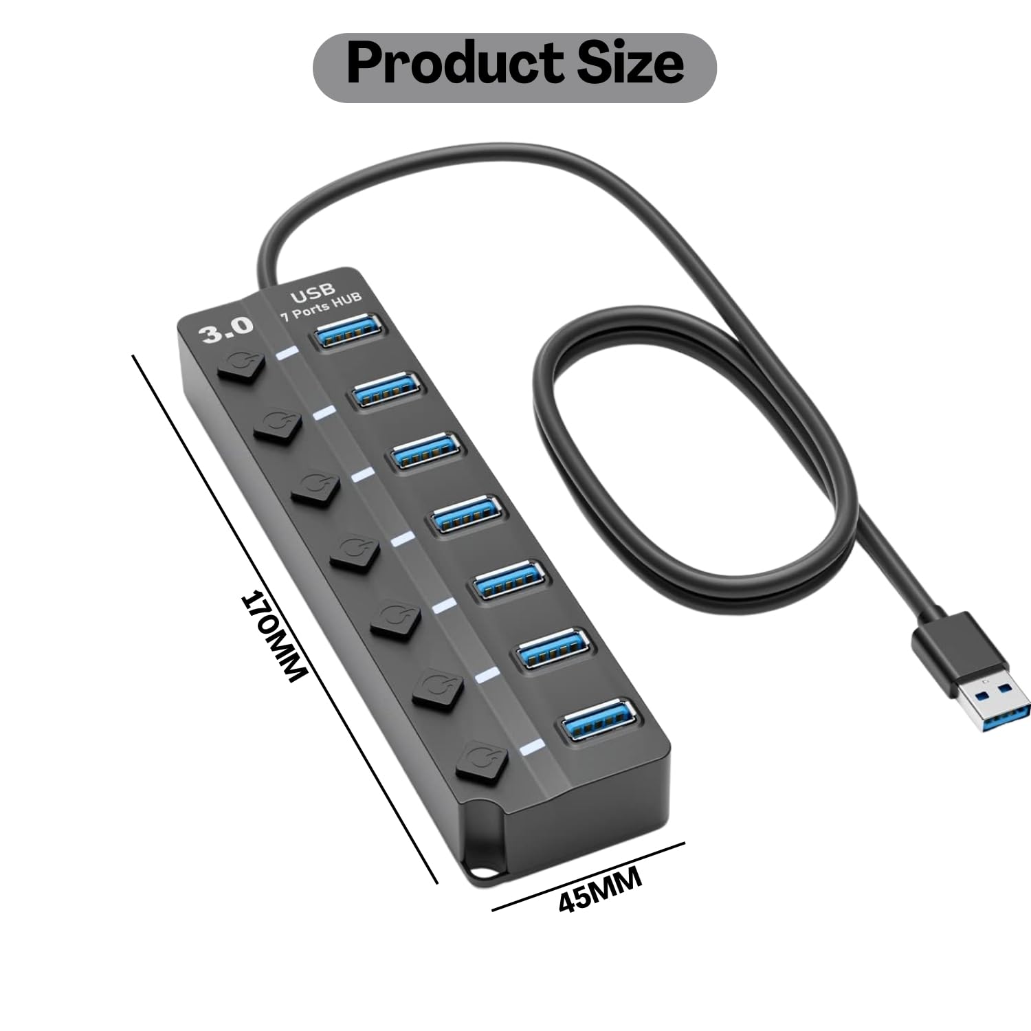 USB 3.0 Hub 7 Port Powered Extender with Individual Switches & LED Indicators | High Speed Multiport USB Hub for Laptop, Desktop, Mac, PC, USB Devices – 1.2m Cable - Image 3