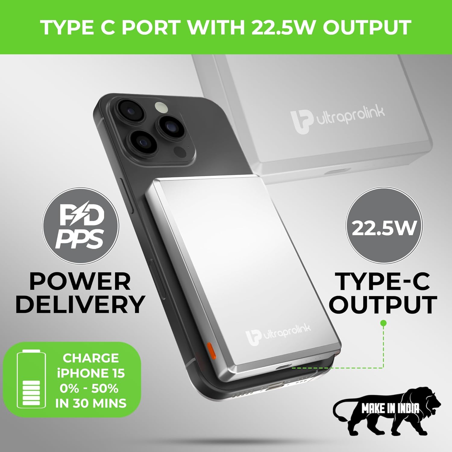 UltraProlink 10000 mAh Slimmest Wireless Magnetic Mag-Safe Power Bank | 22.5W Type C Port with PD-PPS Support | for iPhone Series 16,15,14,13 | Made in India |Silver|UM1124 | Juice-Up Mag 4 - Image 5
