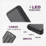 EVM EnConnect 10000mAh Multi-Port Power Bank, 22W PPS Fast Charging PD, Type-C & Micro USB Input, USB Output, Built-in Type-C Cable (L), Li-Polymer, Black, 1-Year Warranty (P0501-Black) - Image 4