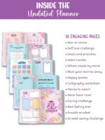 DOODLE A5 Planner Kit - Start Anytime of the Year Planner | 216 Pages, 12 Months | 16 Activity Pages | 1 Pen | 1 Keychain | 180+ Stickers | 4 Notecards | 4 Quote Cards | Gift Set (Joyful Sparkle) - Image 4
