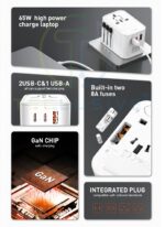 T Teclusive Gan 65w Universal Travel Adapter with Type C USB | International Worldwide Travel Charger Converter Multi Socket Plug with PD QC Super Fast Charging | 2000w - White - Image 3