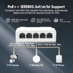 PoE Switch 5 Port, 1 in 4 Out Extender, Repeater Support IEEE802.3af/at/bt Powered 90W, 100Mbps Ethernet Powered Passthrough Switch, Extend 250m(328ft), Wall and Din-Rail Mount - Image 4