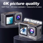 AUSHA 6K Action Camera with Dual Touch Screens | 50MP Ultra HD Photo |170° Wide Angle Lens | EIS Stabilization | Waterproof 30M | WiFi Connectivity | Remote | 256GB SD Card Support Vlogging Camera - Image 2