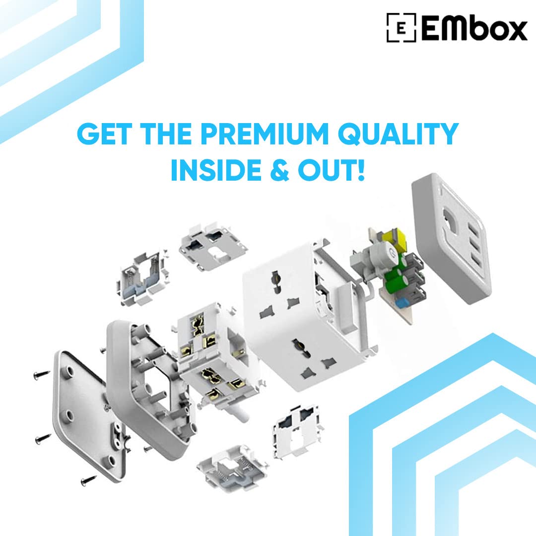 EMBOX Cube Extension Board with USB Type C (2.4 A) (QC 3.0) | 2500W Extension Board with Switches | Extension Cord with Universal Sockets Safety Shutter & Overload Protector, 2 Meter - Image 2