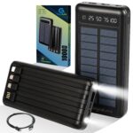 GIGALUMI 10000mAh Solar Power Bank Built-in COB Flashlight Portable Charging Device with LED Indicators 2 USB Output Ports & USB-A to Micro-USB Cable for Smartphones Tablets (Pack of 1, Black) - Image 2