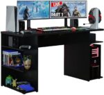 Gaming Computer Desk with 5 Shelves, Cable Management and Large Monitor Stand, Modern Wooden Desk, 136 x 60 x 75 cm - Black - Image 2