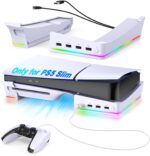 New World RGB Horizontal Stand for PS5 Slim Console Accessories with 14 Light Mode and 4 USB Hubs, Side Stand for Playstation 5 Slim Disc & Digital, Base Holder with Fast Controller Charging - Image 2