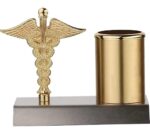 Pen Stand For Doctors With Caduceus Symbol, Gifts For A Medical Student, Office Accessories, Desk Organiser In Gold & Silver Color - Image 2