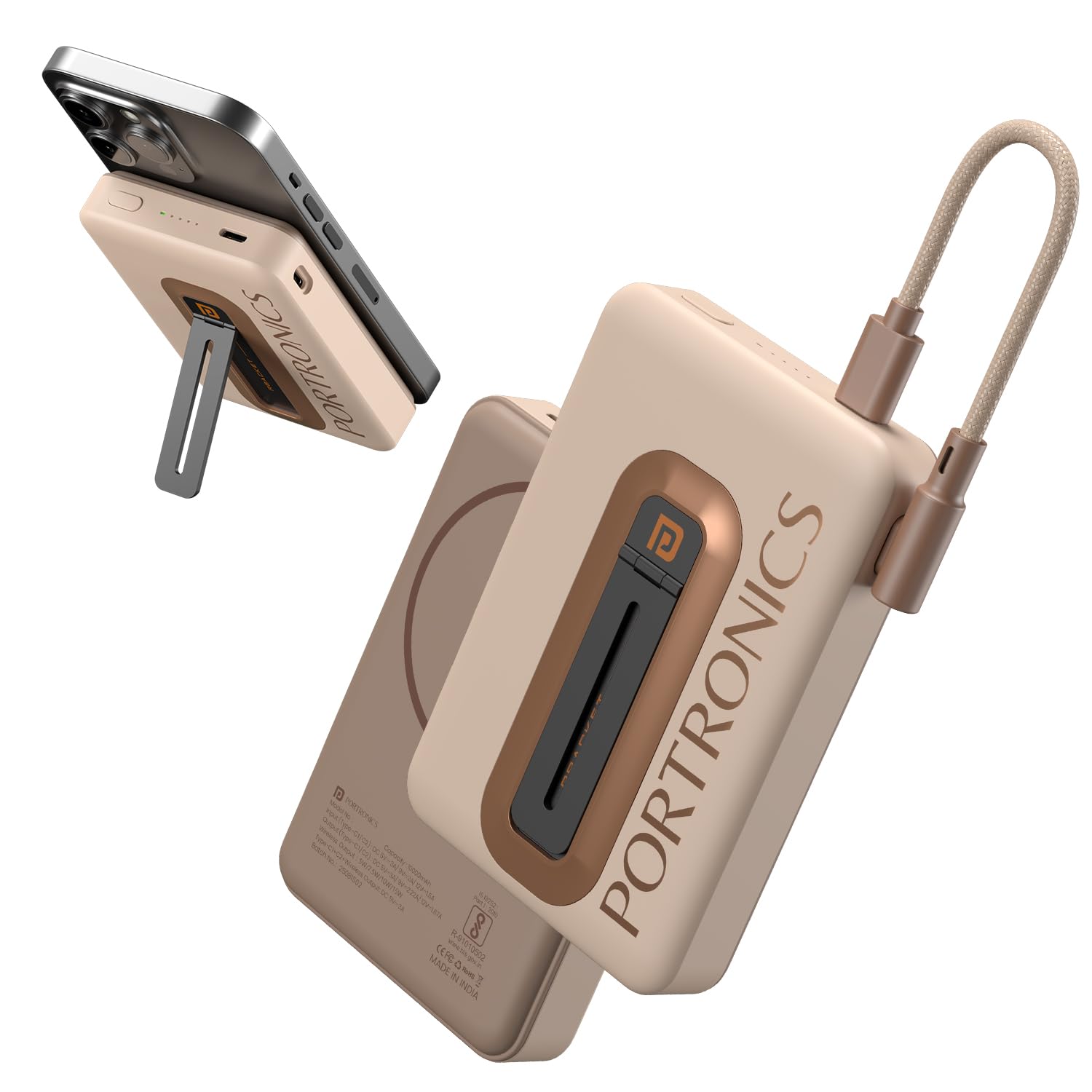 Portronics Revvo 15W Magsafe Wireless Powerbank 10000mAh Fast Charging Powerbank,Detachable Type C Cable,Mobile Stand,Type C Input/Output PD Port,iPhone 12 & Above,Android & Qi Enabled Devices(Mocha) - Image 2