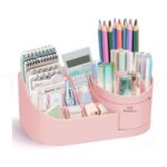 Revolve 360 Degree Rotating Office Desk and Makeup Brush Organizer Stand – Multipurpose Organizer with 16 Compartments for Brushes, Pens, Stationary – Durable, No Installation Needed (Pink) - Image 2