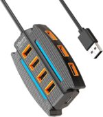 SPIN CART 10-Port USB 2.0 Hub with RGB Lighting, High-Speed Multi Hub Splitter, 1.2m Cable, Power Adapter, Carbon Fiber Pattern Design for Desktop, Laptop - Image 2