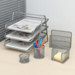 The Better Home Set of 5 Desk Organisers | Metal Mesh Design | Multipurpose Stationery Holders for Office & Home | Rust-Free Powder Coating | 2-Layer File Rack | Silver - Image 2