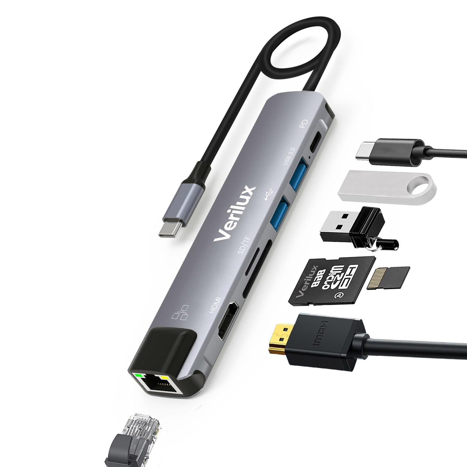 Verilux® USB Hub for Laptop with Ethernet RJ45 7 in 1 USB Type C Hub with 4K@60Hz HDMI for Nintendo Switch 2 SD/TF Card Reader PD Charge Multi USB 3.0 Port for MacBook iPhone 17 with 24CM Cable - Image 2