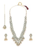 ZAVERI PEARLS Green Meenakari Kundan Bridal Long Dazzling Necklace Earring Maangtikka Set For Women-ZPFK17761 - Image 2