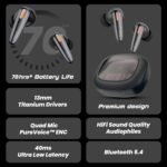truke New Launch Crystal Bass True Wireless in Ear Earbuds with 13mm Drivers, 70H Playtime Fast Charge, Made in India, HiFi Sound TWS, 40ms Low Latency, 4Mics ENC, BT 5.4 (Matte Black) - Image 3