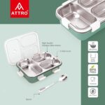 ATTRO Bento 3 Compartment Stainless Steel Lunch Box with Steel Cutlery Inside, Heating & Water Insulation Design Use for Office, School & Travelling, 750 Ml - OliveGreen - Image 3