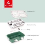 ATTRO Bento 3 Compartment Stainless Steel Lunch Box with Steel Cutlery Inside, Heating & Water Insulation Design Use for Office, School & Travelling, 750 Ml - OliveGreen - Image 4