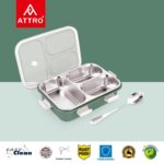 ATTRO Bento 3 Compartment Stainless Steel Lunch Box with Steel Cutlery Inside, Heating & Water Insulation Design Use for Office, School & Travelling, 750 Ml - OliveGreen - Image 5