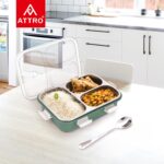 ATTRO Bento 3 Compartment Stainless Steel Lunch Box with Steel Cutlery Inside, Heating & Water Insulation Design Use for Office, School & Travelling, 750 Ml - OliveGreen - Image 6