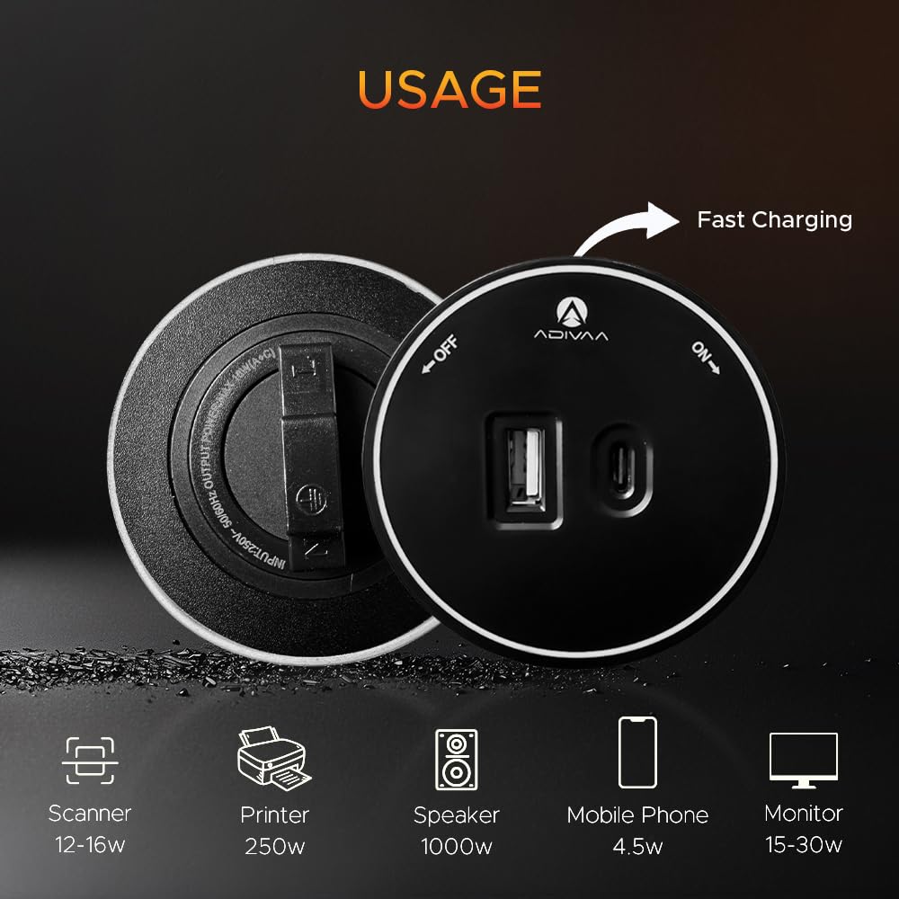 Power Track Socket with USB & Type-C Ports | Smart Home Gadgets | Electrical Wall Outlet for Kitchen Office | with Blue LED Ring | Modular Rotating Outlet | Surge Protector - Round (Silver) - Image 3