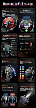 NORTH EDGE ET458 Smartwatch | ECG Detection, Heart Rate & SPO₂ Monitor, Sleep & Stress Tracking | AMOLED Display, Bluetooth Calling, NFC Access, IP68 Waterproof Fitness Watch - Image 5