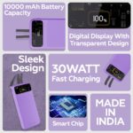 One Life 10000mAh 30W Slim Power Bank | Type-C PD Fast Charging,3 Protections,LED Indicator,Dual Output for iPhone/Android/Other Devices (Purple) - Image 5
