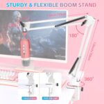 zealsound Gaming Condenser Microphone, Podcast Mic with Boom Arm for Phone/PC/PS4/PS5, USB Microphone for Recording/YouTube/Streaming, Headphone Output, Mute Button, Echo Volume Gain Control (Pink) - Image 7