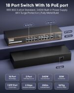 FEDUS NextSwitch-16000UG 18 Port PoE Switch, 16 PoE Ports (10/100Mbps) + 2 Gigabit Uplink +1 SFP Gigabit Port, 240W Power Budget, IEEE 802.3af/at, 250m Extend Mode, VLAN, 6KV Surge, Unmanaged CCTV NVR - Image 4