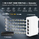 COOLCOLD PoE Switch 5 Port, 1 in 4 Out Extender, Repeater Support IEEE802.3af/at/bt Powered 90W, 100Mbps Ethernet Powered Passthrough Switch, Extend 250m(328ft), Wall and Din-Rail Mount (White) - Image 3