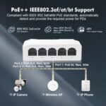 COOLCOLD PoE Switch 5 Port, 1 in 4 Out Extender, Repeater Support IEEE802.3af/at/bt Powered 90W, 100Mbps Ethernet Powered Passthrough Switch, Extend 250m(328ft), Wall and Din-Rail Mount (White) - Image 4
