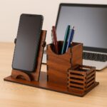 Aethonix Wooden Pen Holder Stand with Mobile Phone Stand | Desk Organizer for Office, Study & Home | Stylish Stationery Holder with Compartments | Desktop Desk Accessories - Image 3