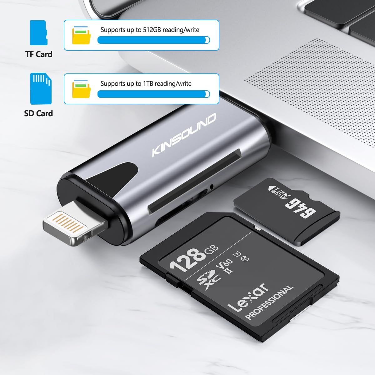 Kinsound Metal Body 4 in 1 with OTG, SD&TF Card Reader for iPhone with Type C,Lighting,Portable Memory Card Reader.Compatible with TF,SD,SDHC,SDXC,MMC,RS-MMC,Micro SDXC for iPhone & Android Phone - Image 3