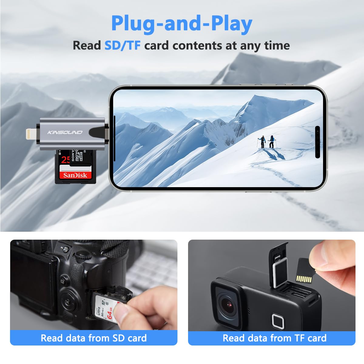 Kinsound Metal Body 4 in 1 with OTG, SD&TF Card Reader for iPhone with Type C,Lighting,Portable Memory Card Reader.Compatible with TF,SD,SDHC,SDXC,MMC,RS-MMC,Micro SDXC for iPhone & Android Phone - Image 5