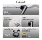 Original Earbuds for Realme Buds Air 7, 52dB ANC Wireless Bluetooth Earbuds with ENC Quad Mic, Deep Bass Sound & 52H Playback for Music and Calls [Grey] - Image 5