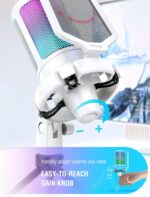 FIFINE AmpliGame A6V USB Microphone, PC Gaming Recording Desktop Laptop Mic, RGB Streaming Podcasting Condenser Mic for Online Game, Vocal, with Mute Button, Gain Knob, Tripod Stand- White - Image 4