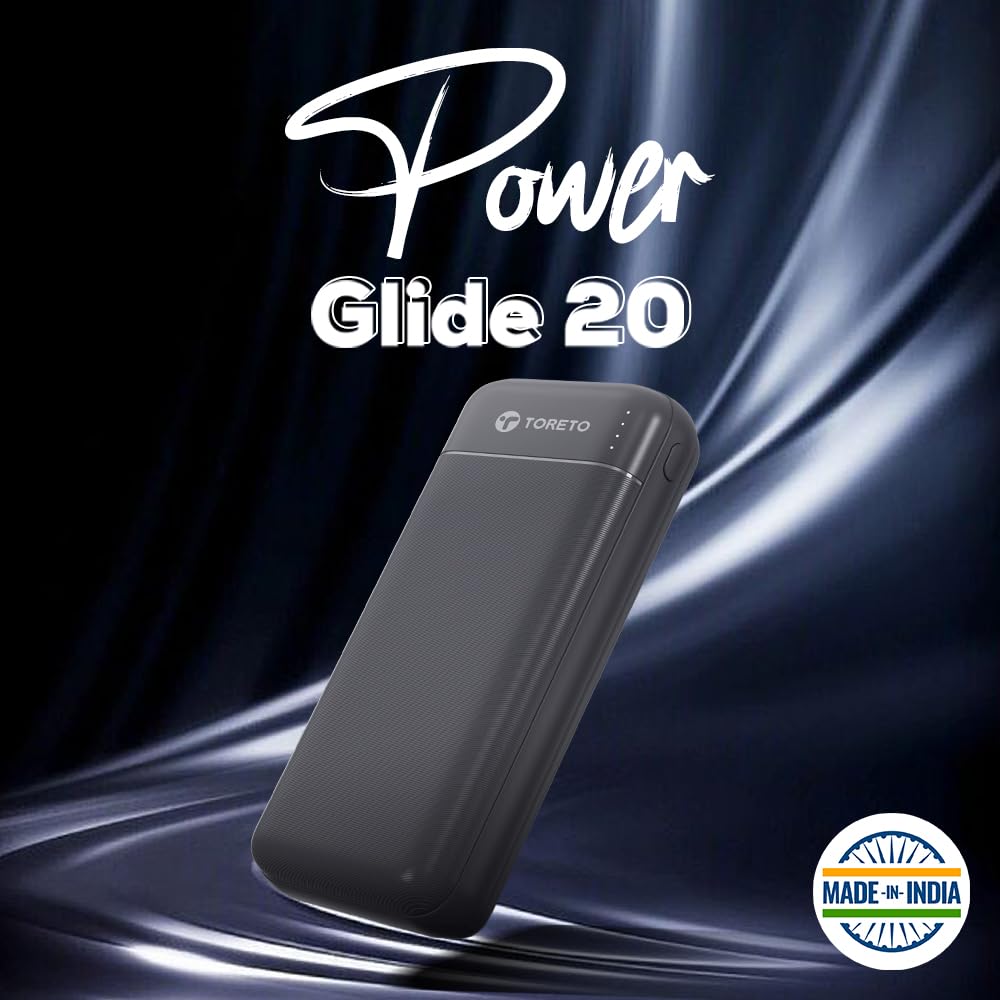 Toreto Power Glide 20 20000mAh Power Bank | 22.5W Fast Charging | 20W Type-C PD Output | Dual USB 22.5W | Multi-Protocol Support | LED Indicator | USB to Type-C Cable Included | Made in India | Black - Image 3