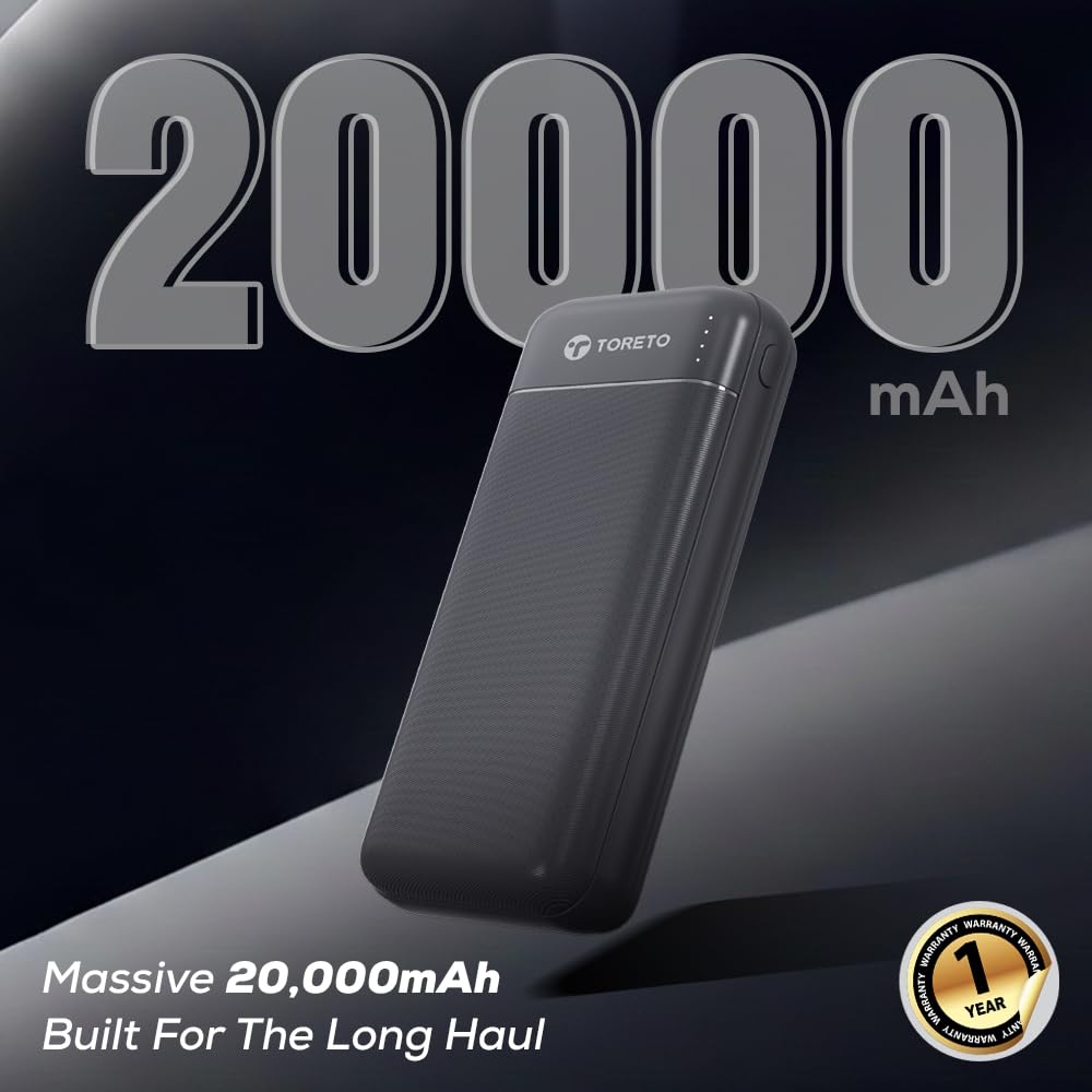 Toreto Power Glide 20 20000mAh Power Bank | 22.5W Fast Charging | 20W Type-C PD Output | Dual USB 22.5W | Multi-Protocol Support | LED Indicator | USB to Type-C Cable Included | Made in India | Black - Image 6