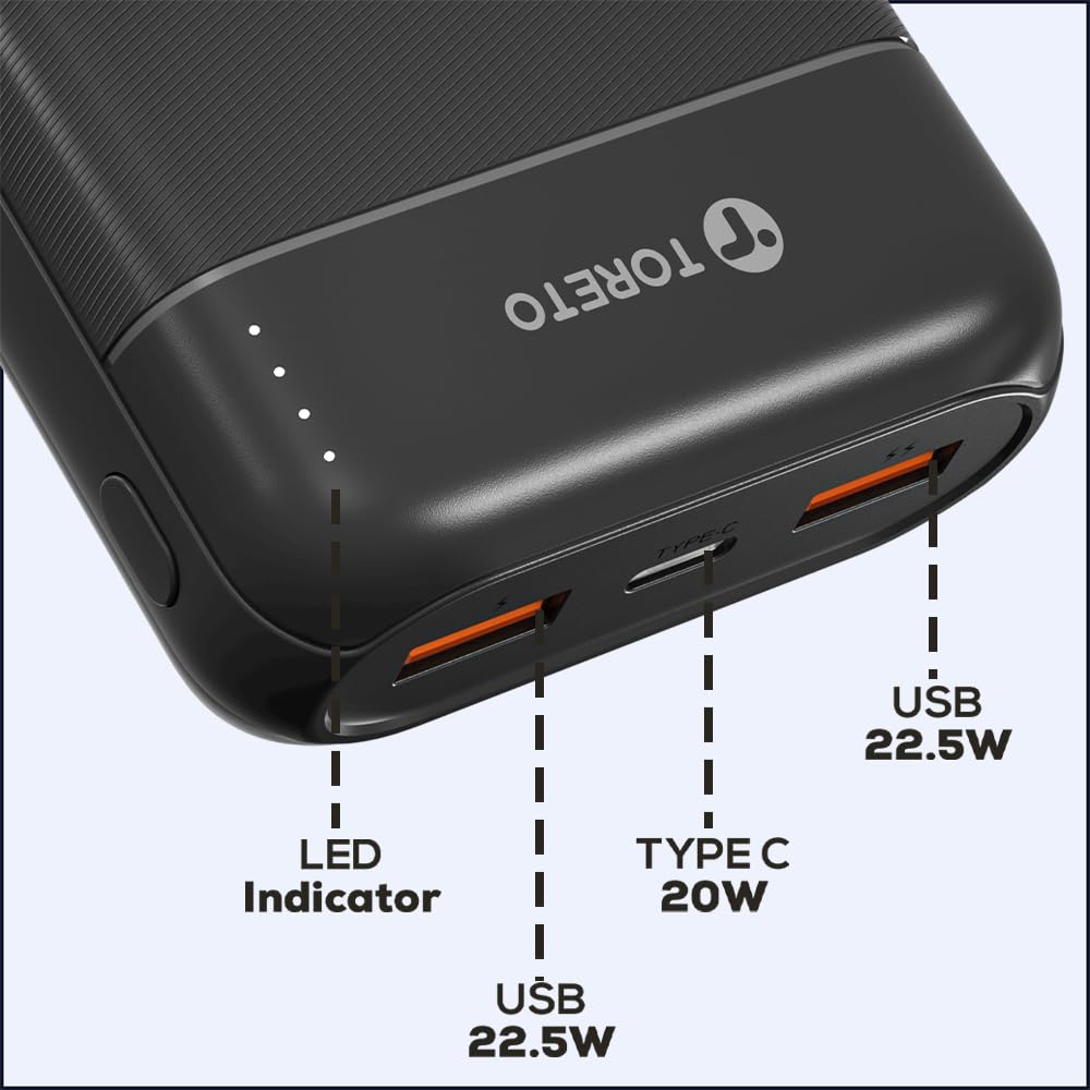 Toreto Power Glide 20 20000mAh Power Bank | 22.5W Fast Charging | 20W Type-C PD Output | Dual USB 22.5W | Multi-Protocol Support | LED Indicator | USB to Type-C Cable Included | Made in India | Black - Image 8