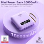10000mAh Mini 4-Wire Power Bank with Built-in Type-C, Micro & Lightning Cables, Portable Fast Charging Power Bank for Mobile – Purple - Image 5