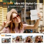4K Digital Camera for Photography, 75MP Vlogging Camera for YouTube with 3" 180° Flip Screen, 18X Digital Zoom Point and Shoot Camara with 64GB Micro SD Card for Beginner (Pink) - Image 3