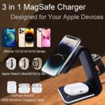 3 in 1 Phone Charger Magnetic Wireless Charging Station Compatible with Mag-Safe 15W Fast Charger Stand with Sleep-Friendly Light for iPhone 15 14 13 12 Series, Apple Watch, AirPods, Black - Image 3