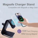 3 in 1 Phone Charger Magnetic Wireless Charging Station Compatible with Mag-Safe 15W Fast Charger Stand with Sleep-Friendly Light for iPhone 15 14 13 12 Series, Apple Watch, AirPods, Black - Image 4