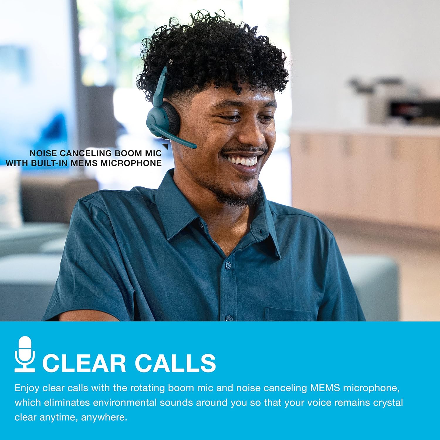 JLab Go Work Pop On-Ear Wireless Headset, Teal, 50+ Hours Playtime, Bluetooth Multipoint, Rotating Boom Mic, Noise Canceling MEMS Microphone, Light-Weight and Portable, for PC/Mac or Mobile (Teal) - Image 3
